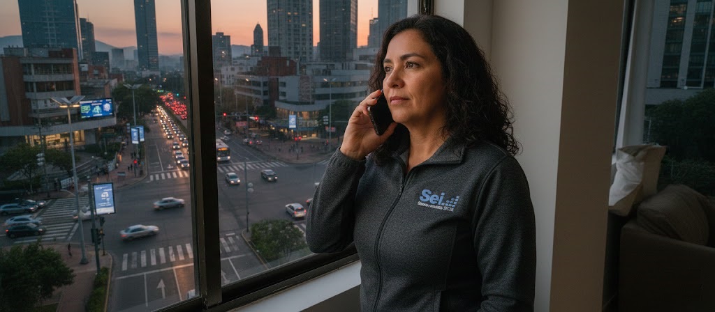 Ejecutiva de SEI hablando por teléfono